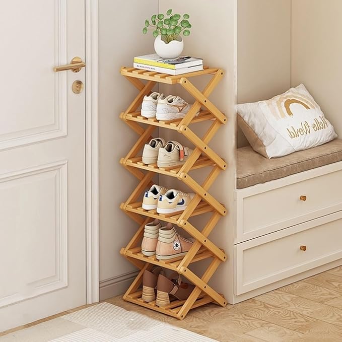 Foldable Shoe Rack, Bamboo Vertical Shoe Organizer Tall