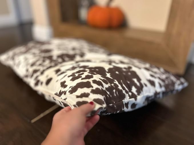 Natural Cotton Canvas Dog Bed – Raw Cotton Filled Pet Cushion Insert, Breathable Eco-Friendly Dog Mattress, Durable Washable Cover with Zipper (Cow Print Brown White, Small 36"x22"x3")