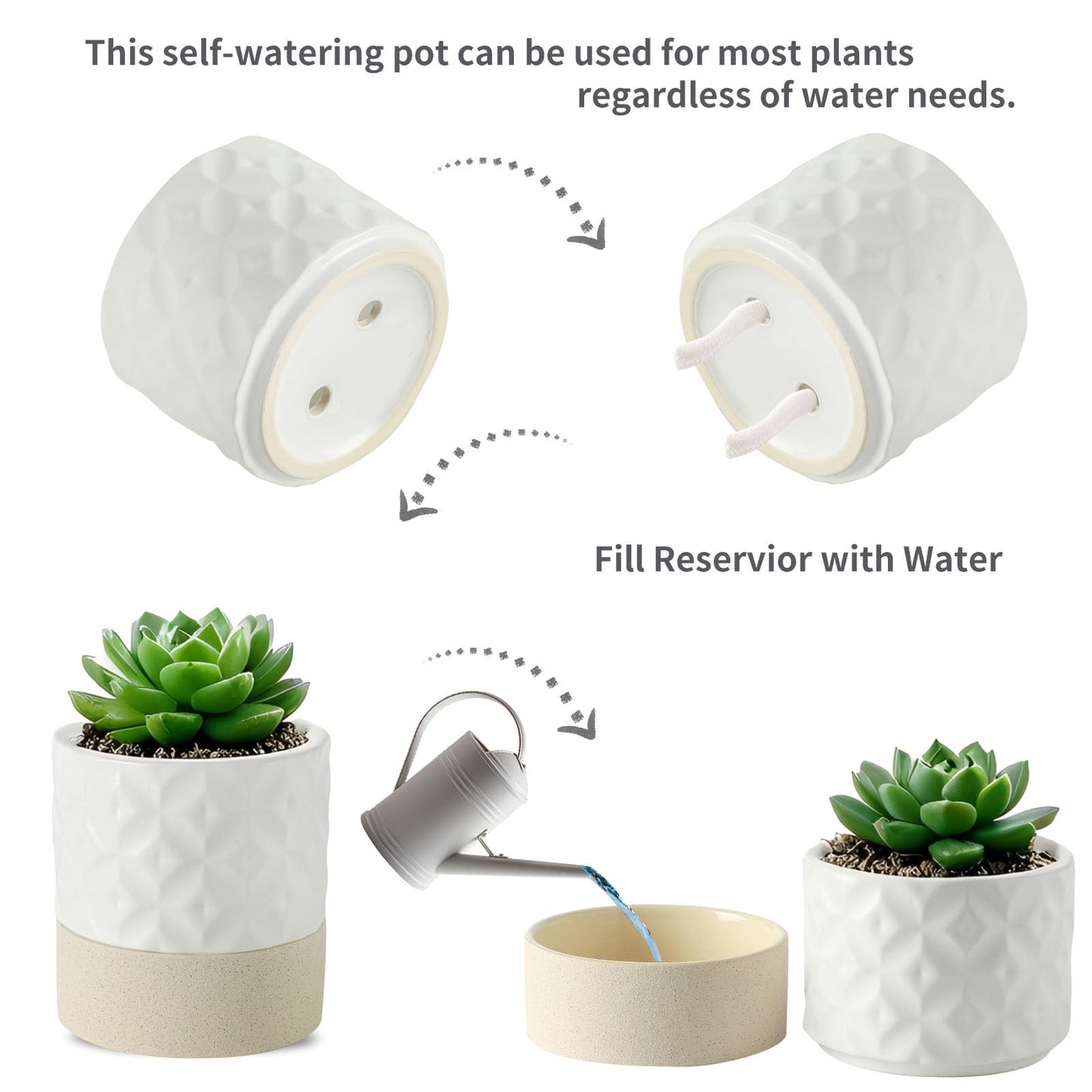 Nihow Self Watering Plant Pot: 4.5 Inch Ceramic Planter with Drainage Hole & Water Storage Plus for Indoor & Outdoor Plants - Cylinder Flower Pot for Herbs/Violets - Matte White & Brown Star