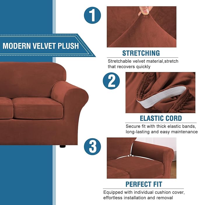 H.VERSAILTEX High Stretch Sofa Slipcover 4 Piece Cover Velvet Furniture