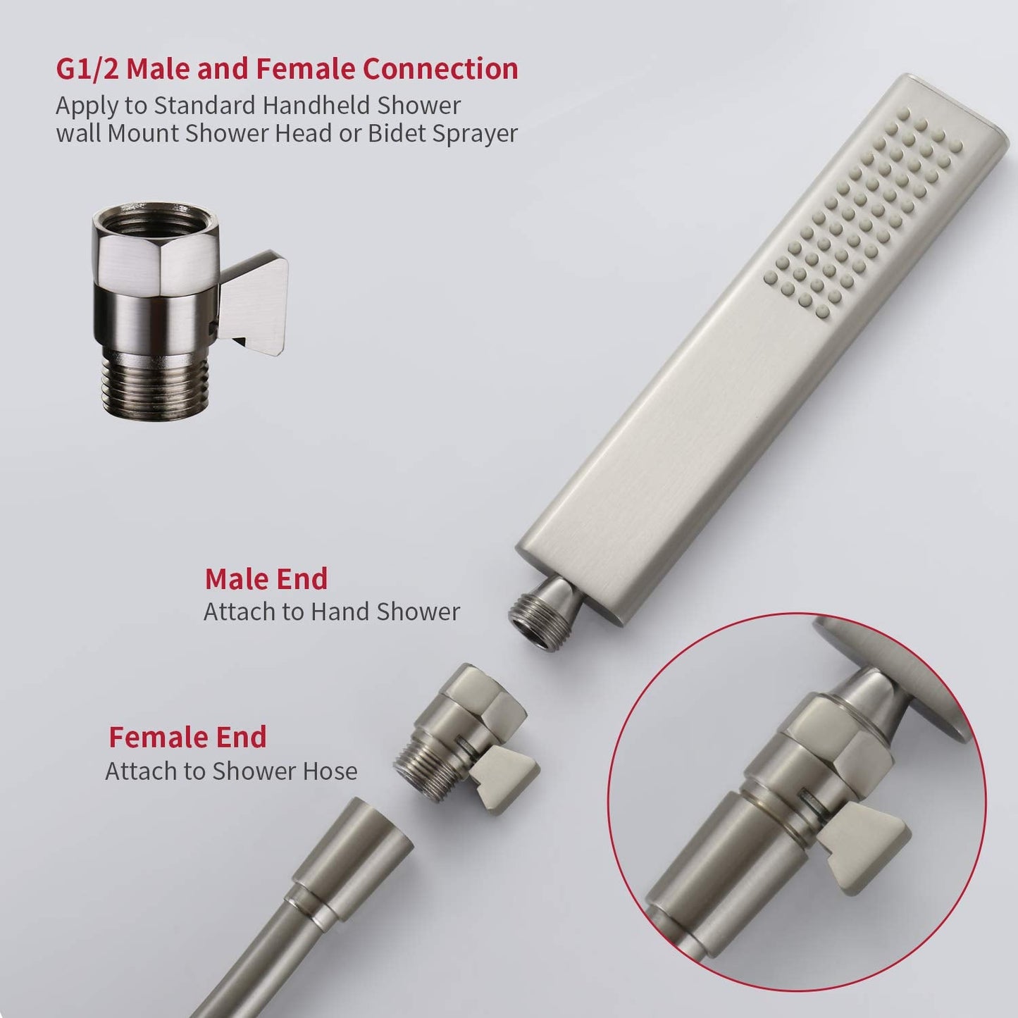Water Flow Control Shut Off Valve with Brass Adjustable Hand Level Water Pressure Regulator for Hand Held Shower Head & Bidet Sprayer, Brushed Nickel Water Saver G1/2