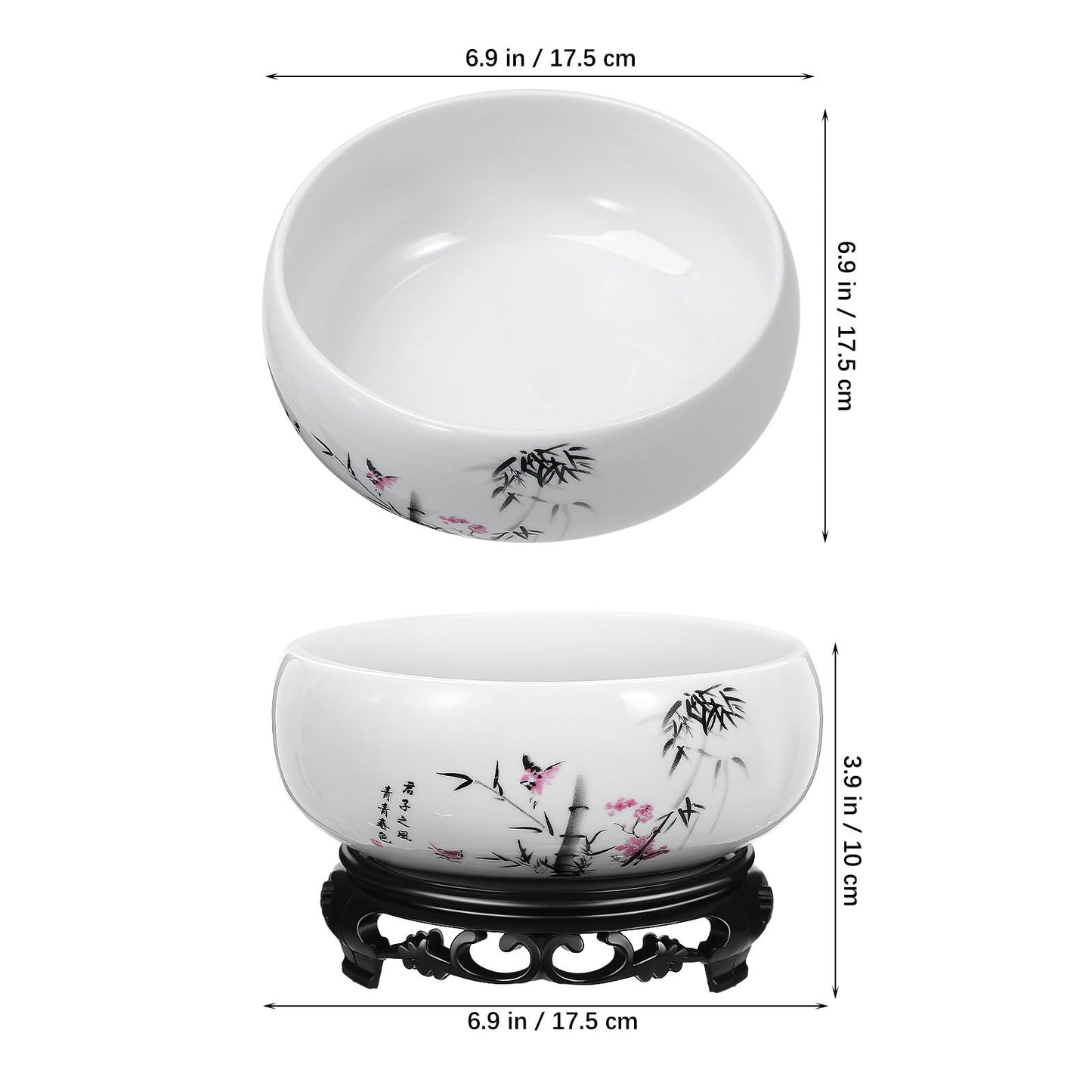 HEMOTON Lotus Bowl Planter, Chinese Style Ceramic Water Lily Pot with Ink Bamboo Pattern, No Drainage Hydroponic Vase for Indoor Plants, Decorative Fish Bowl with Plastic Base