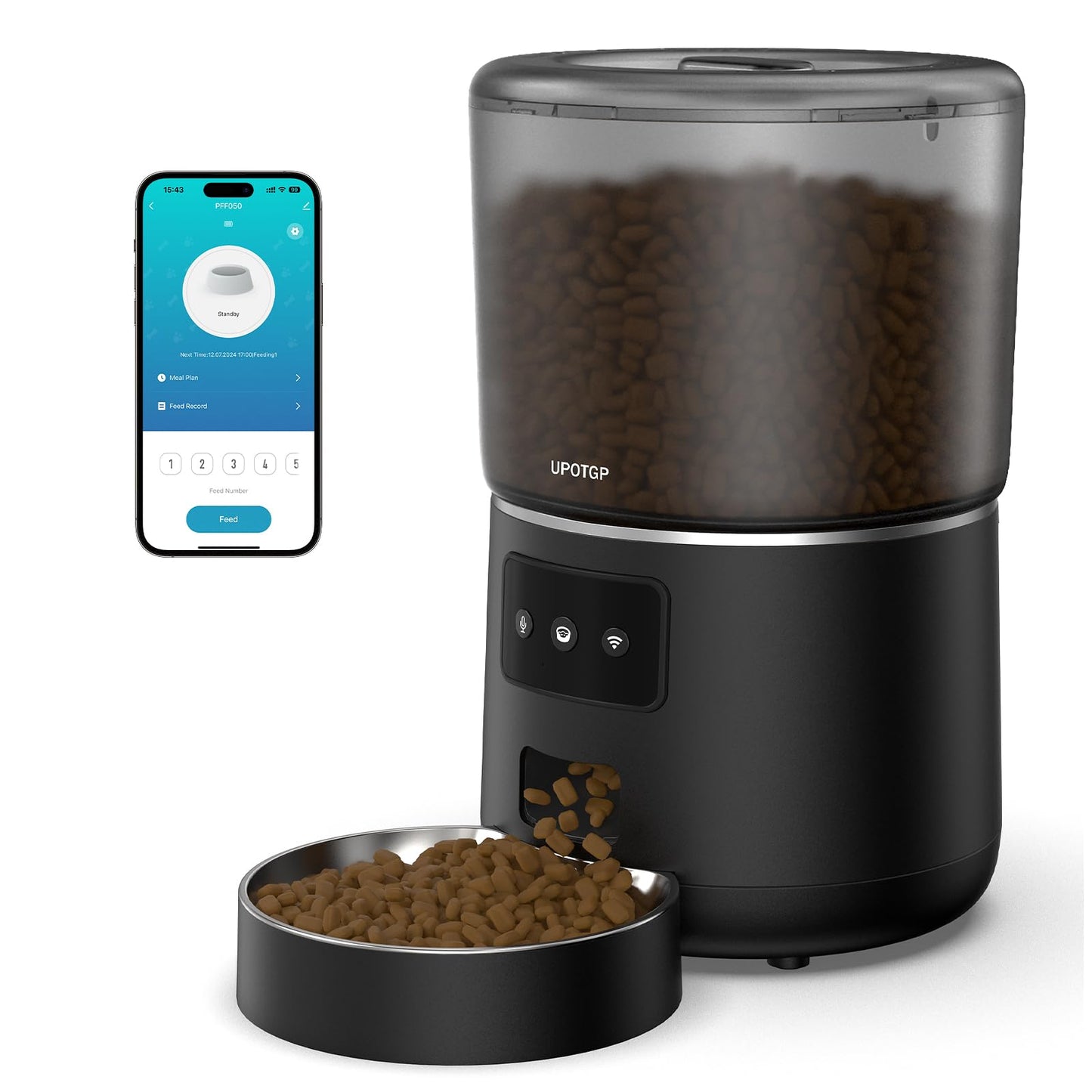 UPOTGP Automatic Cat Feeder, Cat Food Dispenser 4L, 2.4G WiFi Cat Feeder Automatic 1-10 Meals, 1-9 Portions/Meal Timed Cat Feeder, Automatic Pet Feeder for Cats Dog with Stainless Steel Feeding Bowl