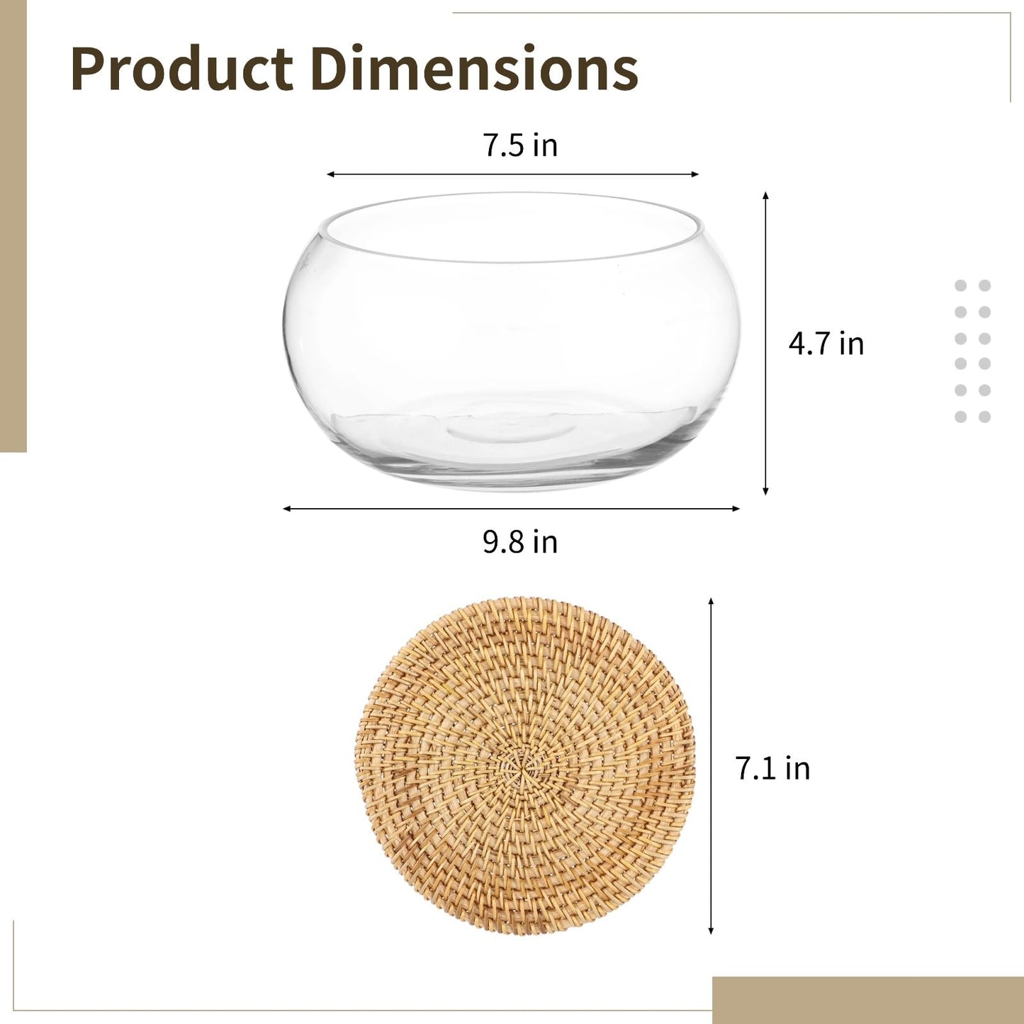 Lotus Bowl Planter with Rattan Mat - 10 in Round Glass Vase Bowl Hydroponic Lotus Planter Pot Propagation Vases Fish Bowl for Water Greens, Transparent Decorative Lotus Pot, Fish Tank
