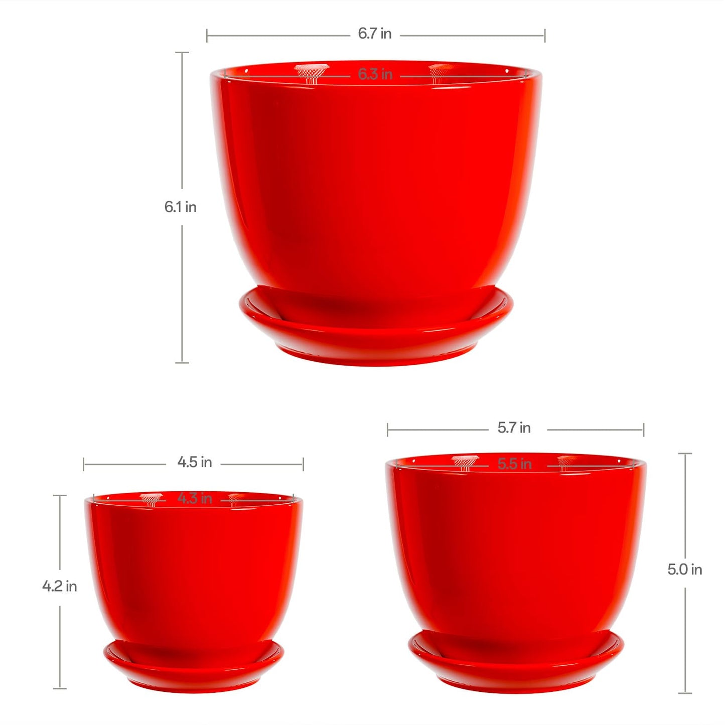 Ceramic Plant Pots - 4"/5"/6" Inch Red Planters Set of 3 with Drainage Holes and Saucer - Indoor Flower Pots for Plants Ceramic Planters for Indoor Gardening Succulent Pots(Red)