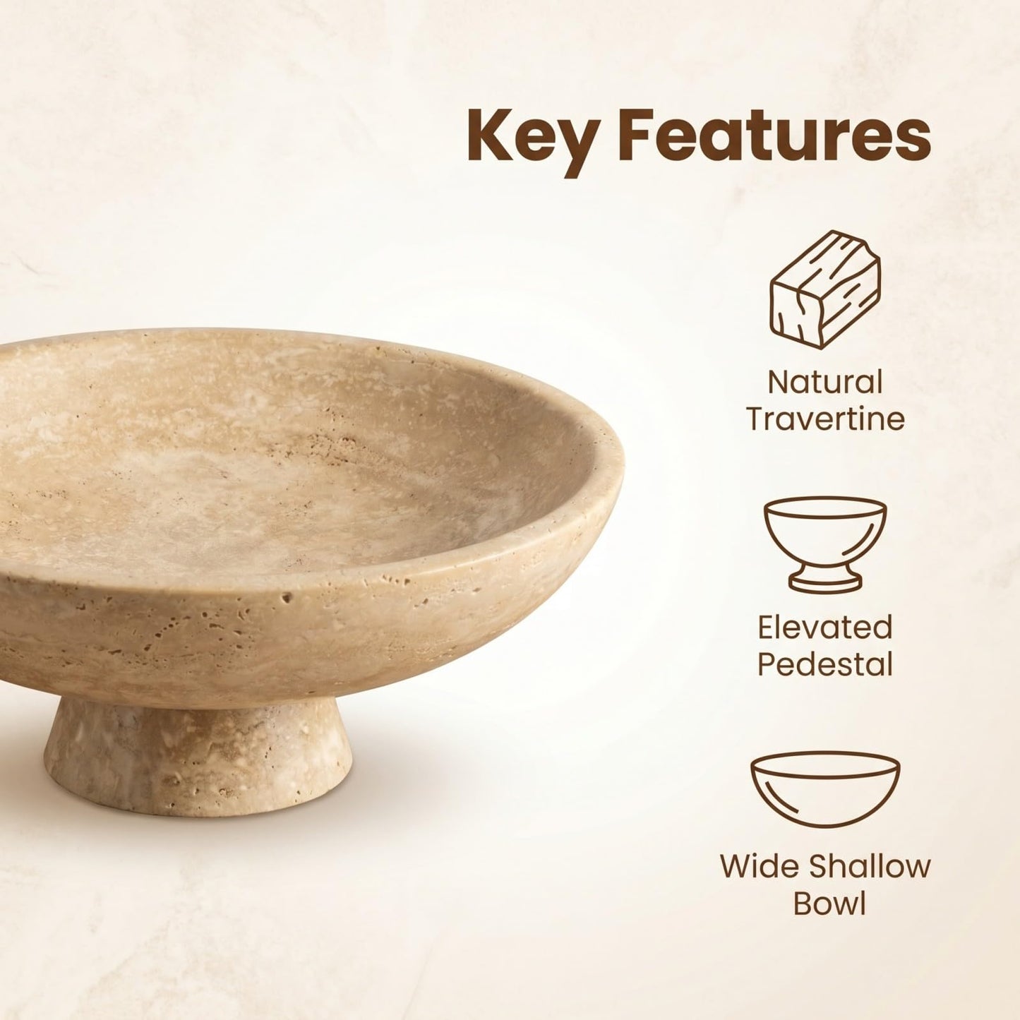 Natural Travertine Fruit Bowl for Kitchen Counter11.8",Large Decorative Bowl & Travertine Bowl Pedestalfor Kitchen Counter & Dining Table ,For Entryway, KitchenFruit Bowl, Dining Table Centerpiece.