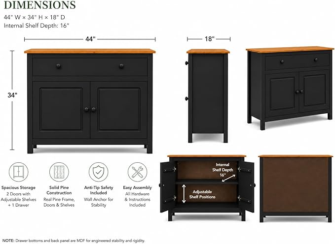 From the Tree Furniture 44" Wide Black & Pine Top Solid Pine Shaker Sideboard
