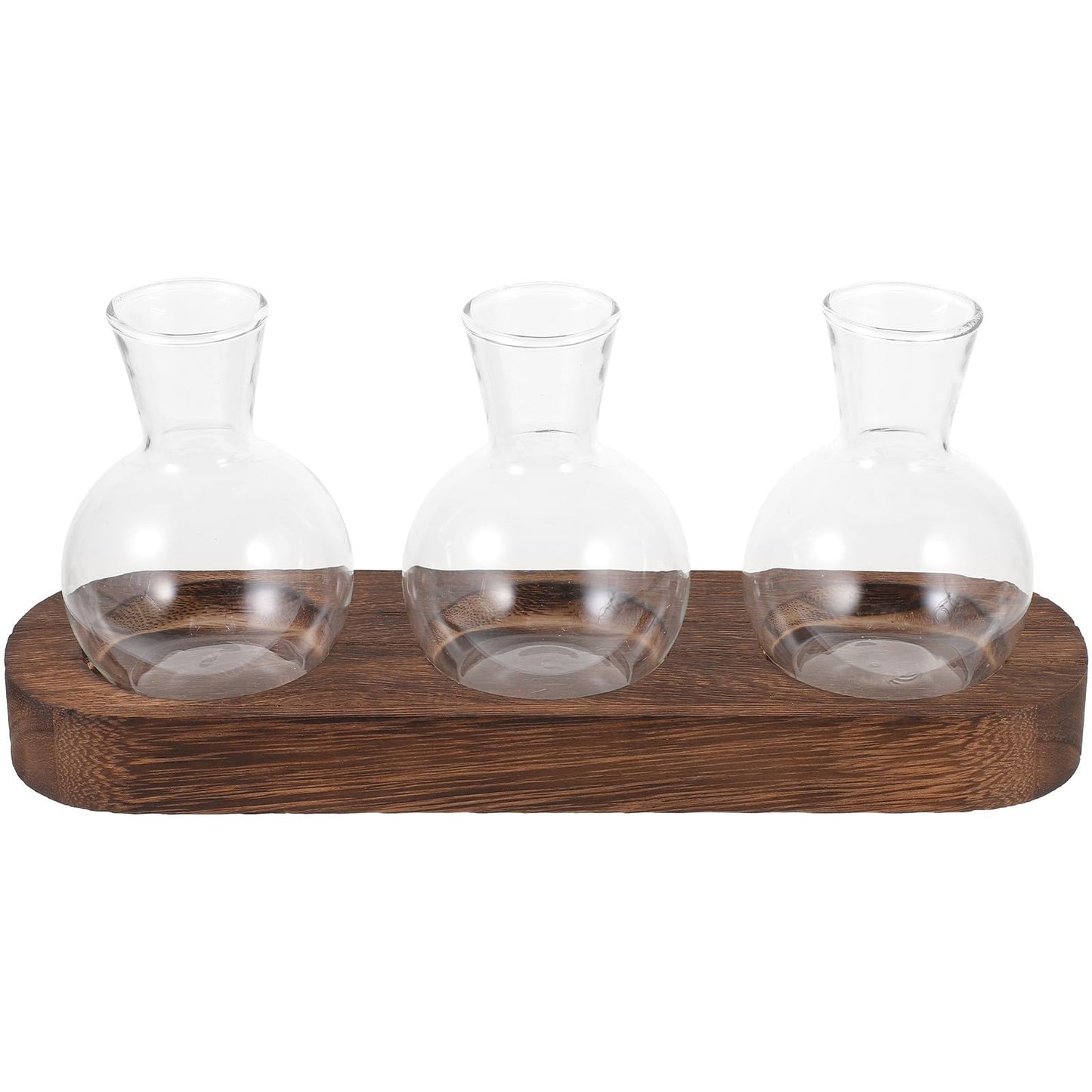 SEWCHICS Decorative Hydroponic Glass Vase Set with Wooden Base, Table Flower Vases for Indoor Plant Arrangement, Office and Home Desk Plant Terrarium, 3pcs