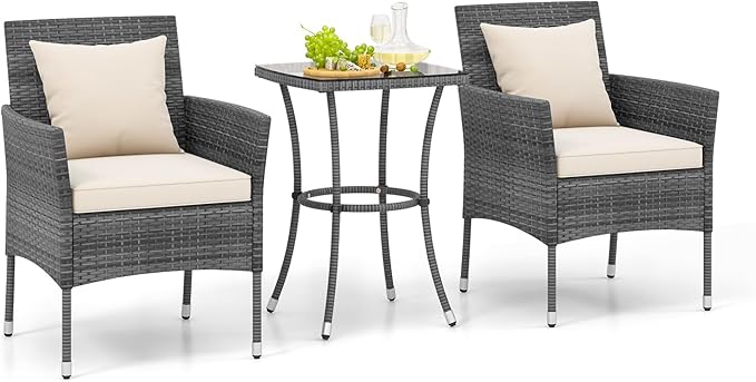 Tangkula 3-Piece Patio Furniture Set, PE Wicker Conversation Bistro Set w/A