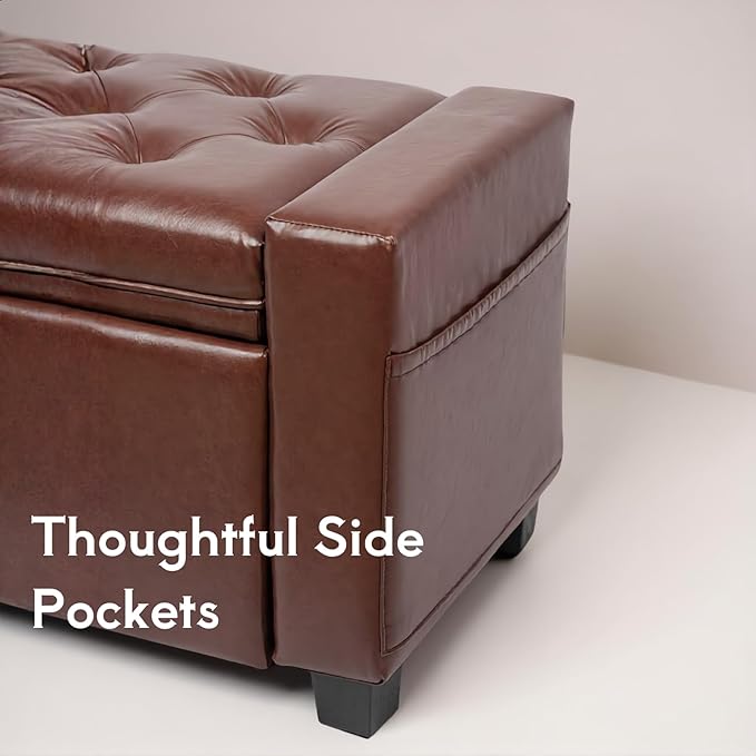 43.31'' Storage Ottoman Bench, Leather Upholstered Tufted Bedroom Bench