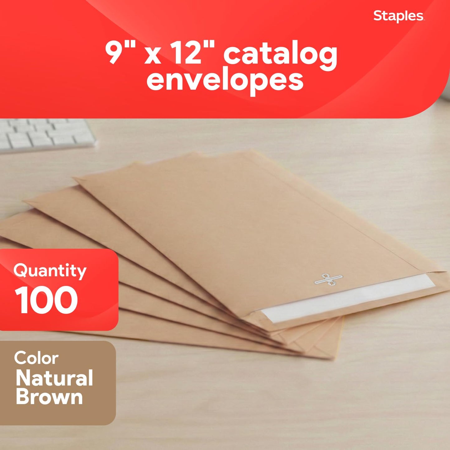 Staples 9 x 12 Kraft Clasp Catalog Envelopes, Brown, Eco‑Friendly Heavyweight Mailing Envelopes with Metal Clasp & Gummed Seal, 100/Pack