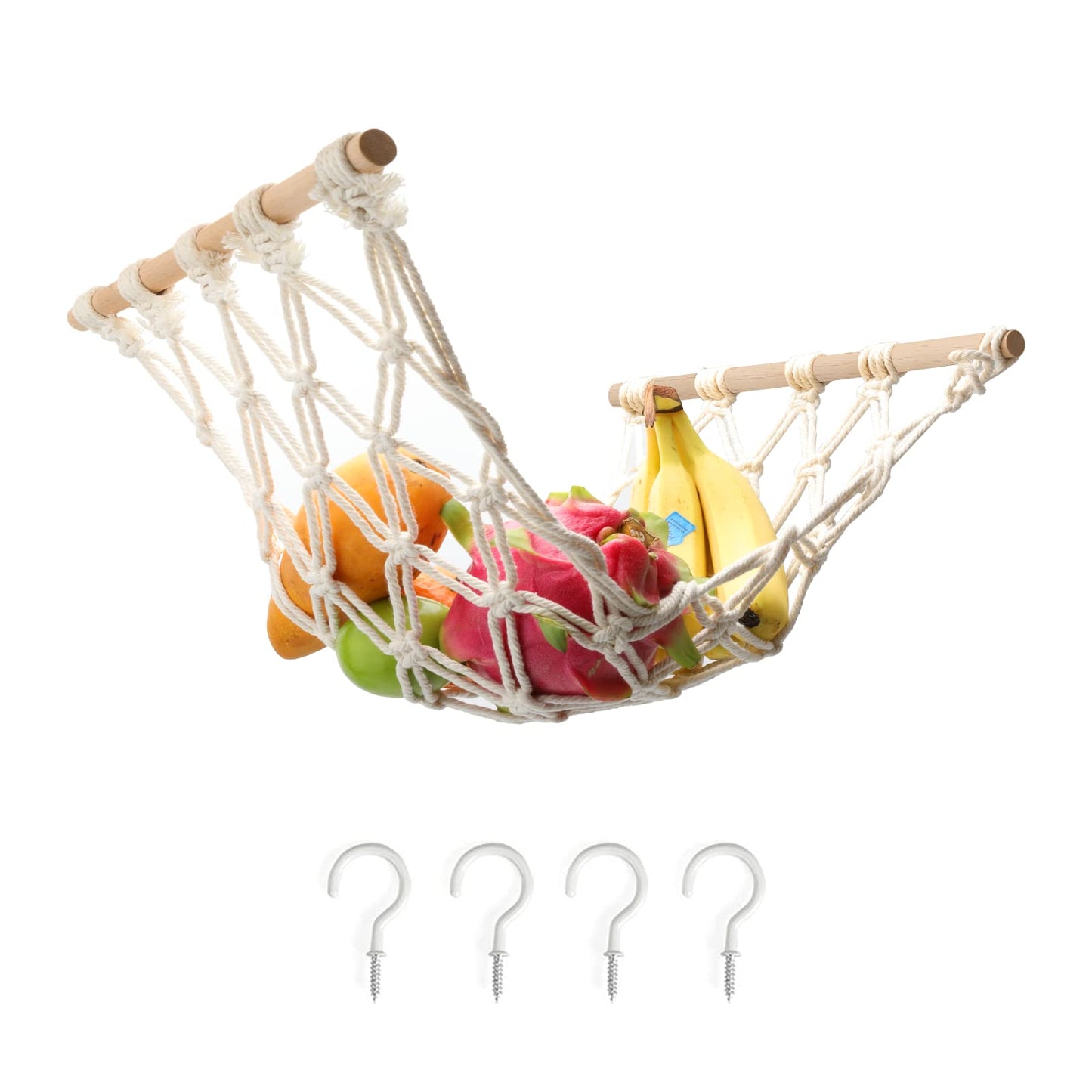 Motarna Hanging Fruit Hammock with Hooks, Hanging Fruit Basket Under the Kitchen Cabinet for Storing Banana Fruits, Hand-Woven Hanging Basket, Valentine's Gifts for Kitchen Décor, Rectangle