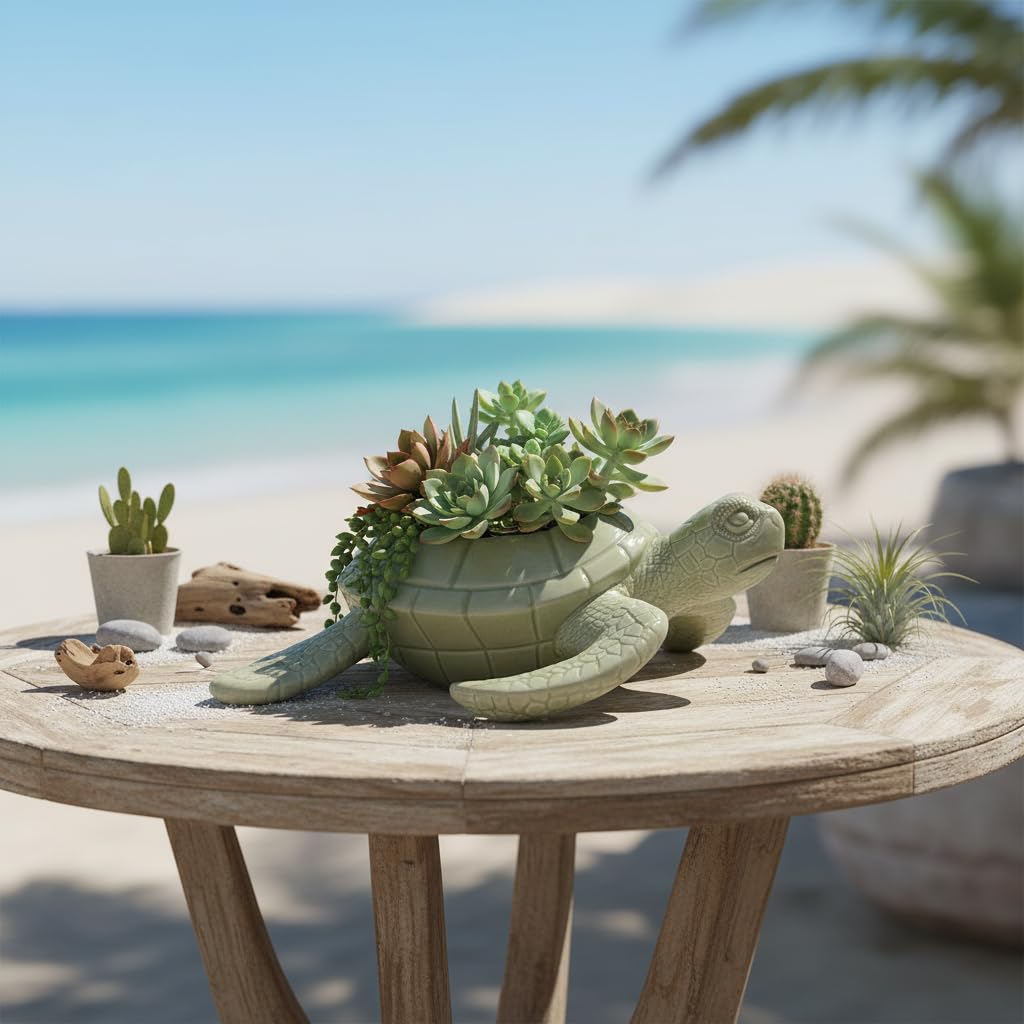Comfy Hour 9" Sea Turtle Succulent Planter, Decorative Ceramic Turtle Flower Pot for Cactus and Small Plants, Ocean Theme Indoor Outdoor Tabletop Display, Palegreen Dolomite, 1 Unit