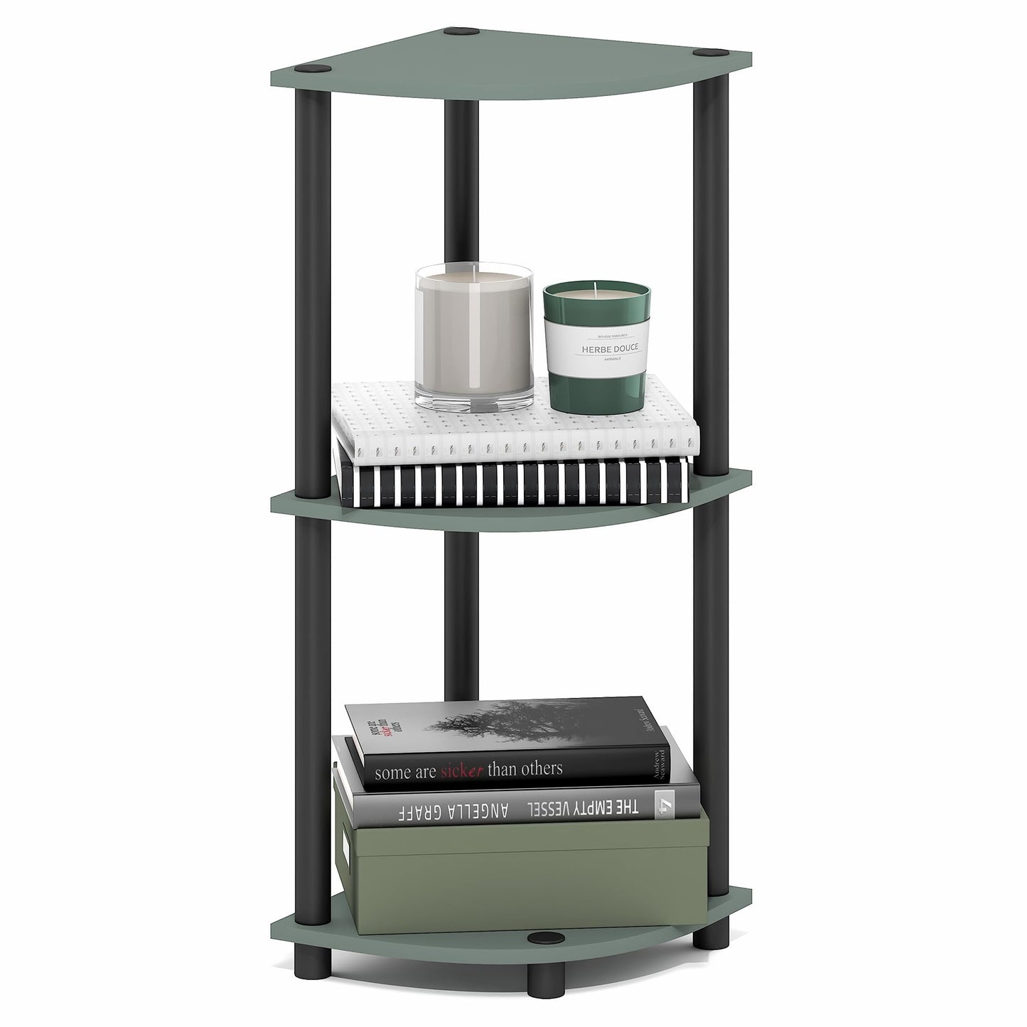 Furinno Turn-N-Tube Corner Shelf, 3-Tier Corner Bookshelf, Display Storage Shelves with Open Shelves, for Organization and Storage, Living Room, Home Office, Garage, Sage Green