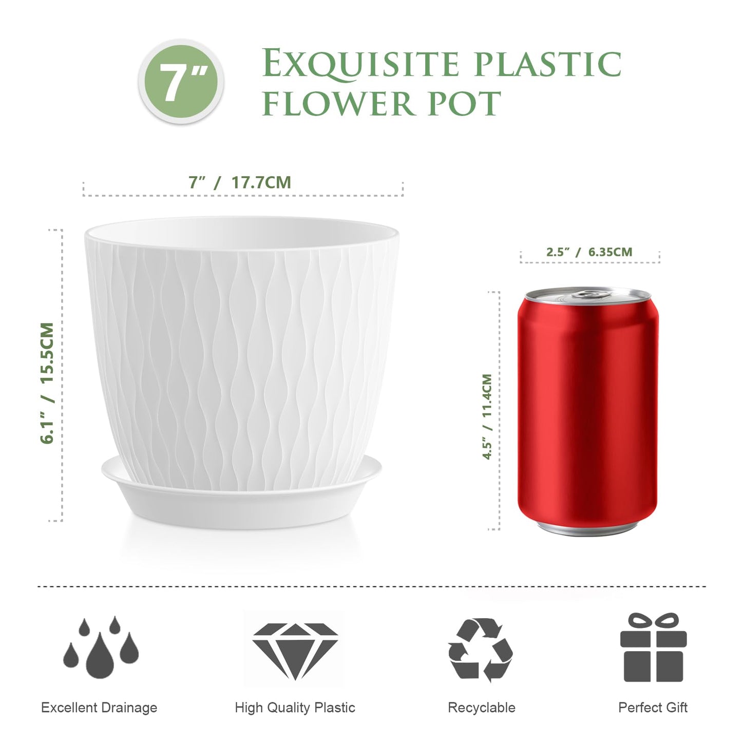 WSMKSZ 7 inch Plant Pots, 5 Pack Flower Pots with Drainage Holes and Saucers for Indoor Plants, Plastic Planters with Water Ripple for Small Garden House Plants, Nursery Pots for Succulent, White
