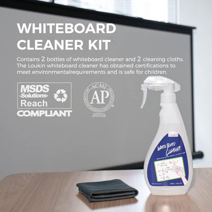 loukin Non-Toxic Whiteboard Cleaner, 17 fl oz Dry Erase Board Cleaner, Low-Odor Whiteboard Cleaning Spray with Cloths, Removes Stubborn Marks from Whiteboards, Chalkboard (2-Pack)