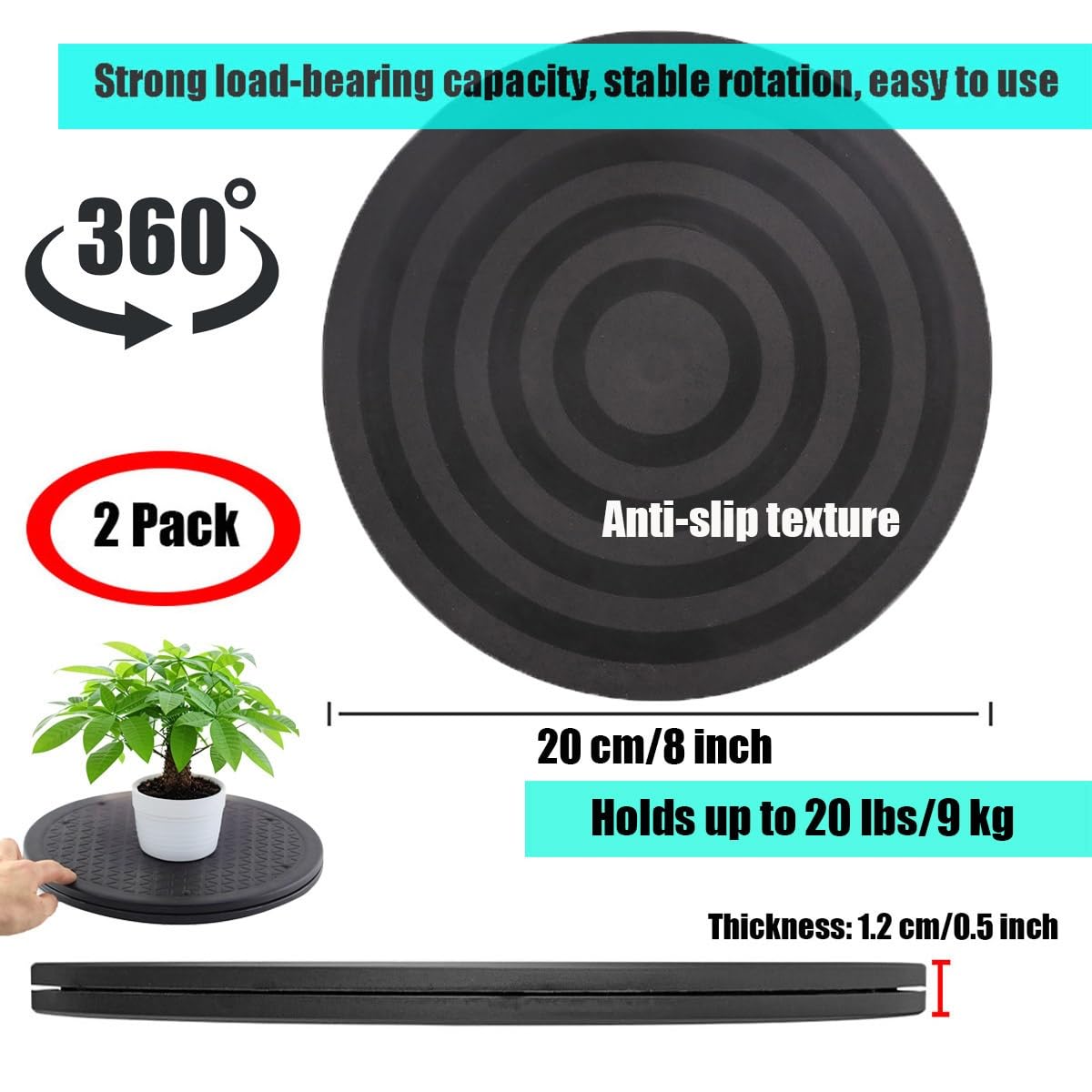 Heavy Duty Rotating Swivel Stand Turntable 2 Pack with Steel Ball Bearings, Lazy Susan Turntable 360° Round Swivel Turntable for Flat Panel Monitors, TV's, Potted Plants(200mm/8in)