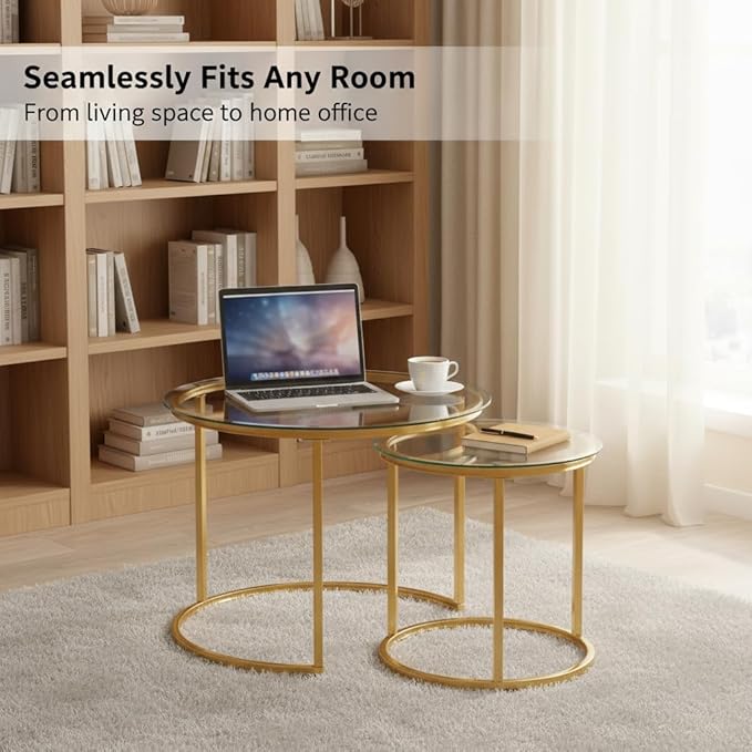Round Nesting Coffee Table Set of 2, Modern Glass Nesting Tables, Stacking