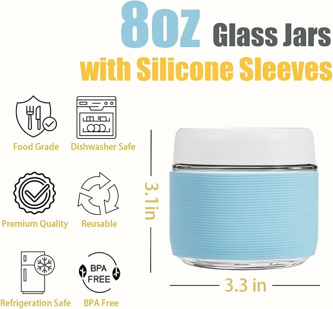 8 oz (6 Pack) Overnight Oats Containers with Airtight Lids and Silicone Sleeves - Perfect for Overnight Oats, Salad, Yogurt, Snacks, Pickles - Leakproof and Reusable Glass Food Storage Containers