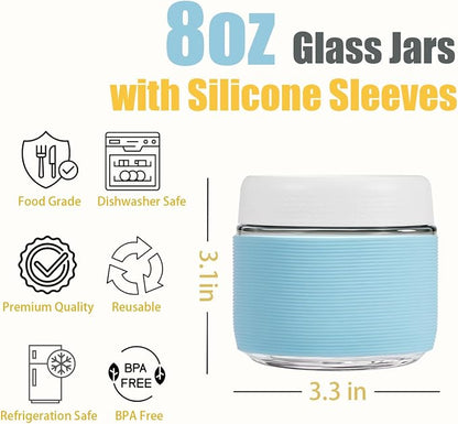 8 oz (6 Pack) Overnight Oats Containers with Airtight Lids and Silicone Sleeves - Perfect for Overnight Oats, Salad, Yogurt, Snacks, Pickles - Leakproof and Reusable Glass Food Storage Containers