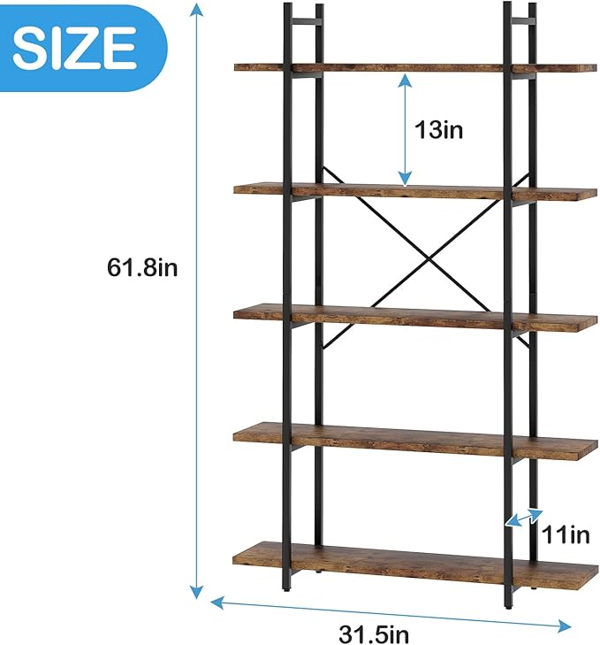 5 Tiers Bookshelf Organizer Industrial Shelf, Modern Open Display Storage