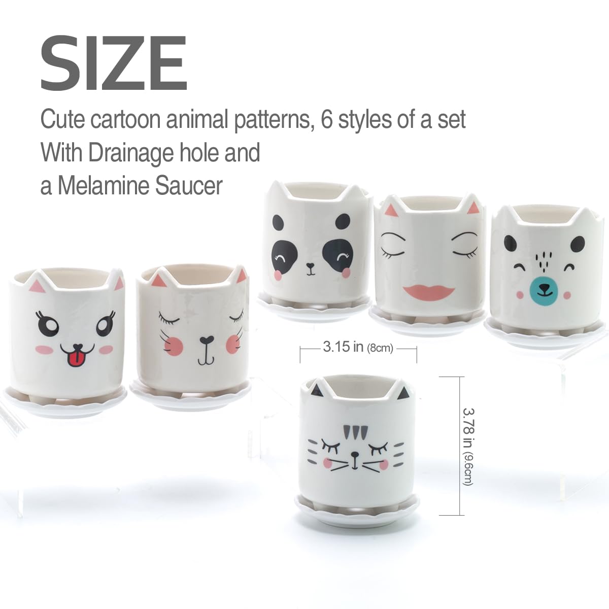 B SEPOR Set of 6 4.25inch Small Ceramic Animal Succulent Planter Porcelain Pots for Baby Succulant with Drainage and Bamboo Tray for Window Sill(Squatting Cats)