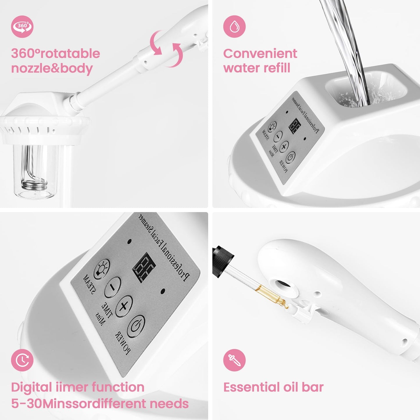 Professional Facial Steamer, 2In1 Face Steamer on Wheels for Facial Deep Cleaning, SPA Facial Steamer for Esthetician with 5X Magnifying Lamp, Stand Face Steamer with Time Setting, Pink