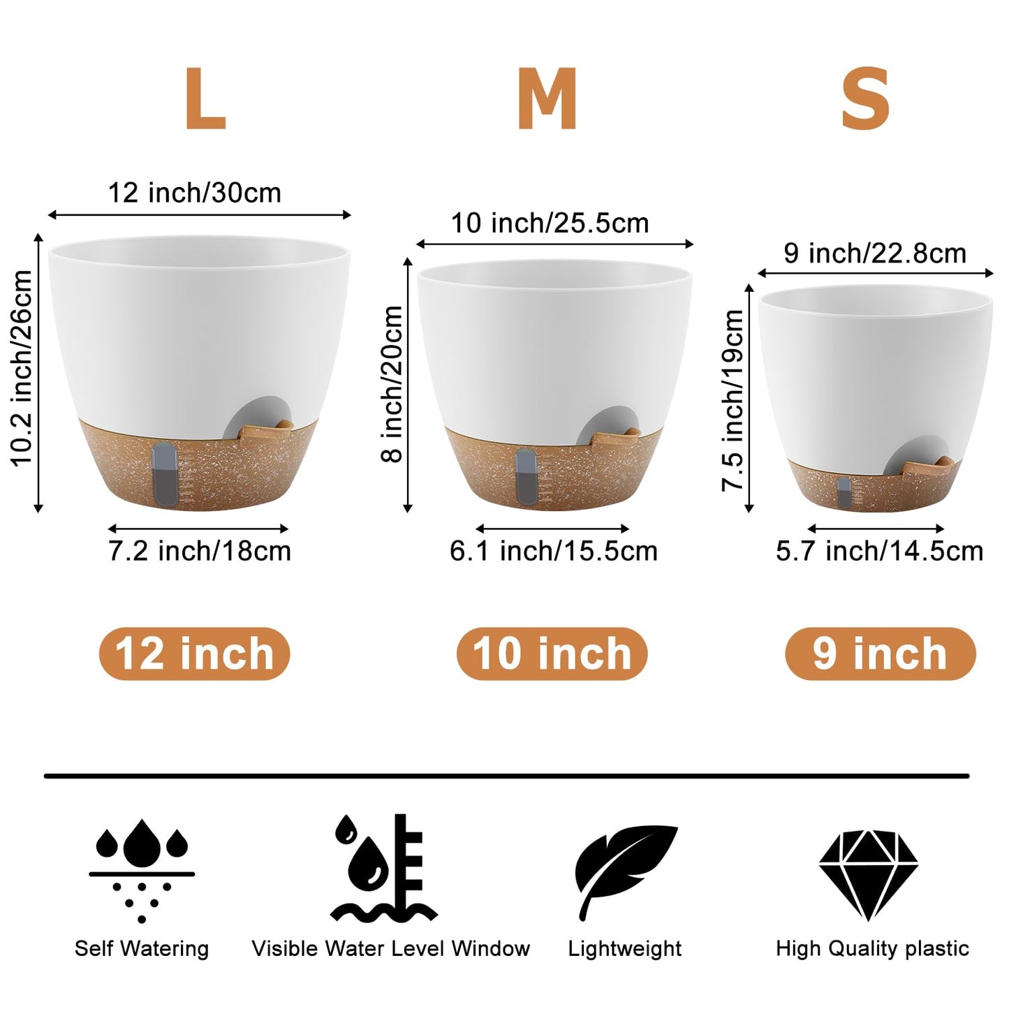 QRRICA 12/10/9 Inch Self-Watering Plant Pots with Water Level Indicator, Drainage Holes & Saucers – Large Plastic Planter Set for Indoor & Outdoor Plants (White)