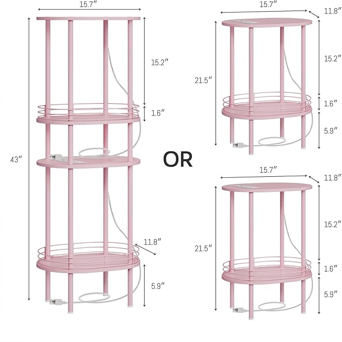 DGSANDGO Pink Side Table with Charging Station, Side Tables Living Room