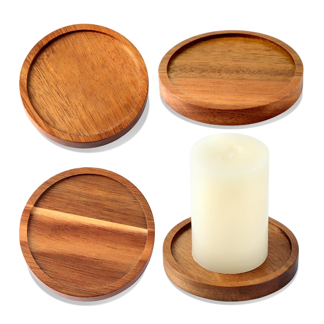 Wood Candle Holder Farmhouse Decor - HALE OTEIR Wooden Pillar Candles Holder for Pillar Floating Candles Set of 4 Round Wooden Plate Pedestal Stand for Coffee Table for Christmas Decor
