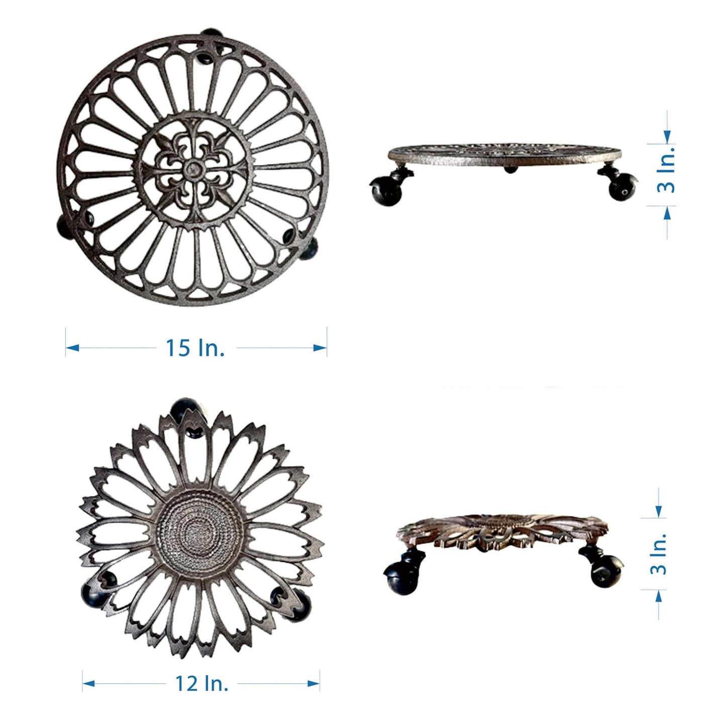 2 Pack Heavy-Duty Cast Iron Plant Caddy - 12" Rust Brown Ornamental Cast Iron Plant Stand with Wheels, Petal-Design Moveable Planter Holder for Indoor Outdoor Garden Patio Decor HC1511