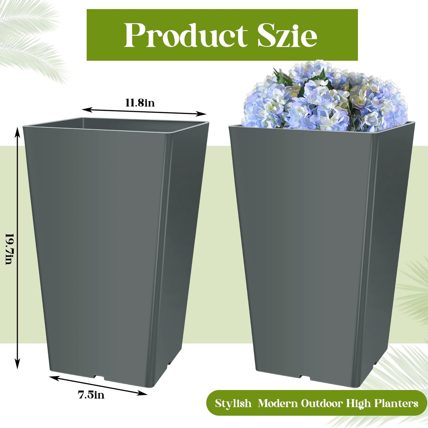 Yungyan Set of 4 Tall Outdoor Planters 20 Inches Tall Front Porch Planters Heavy Duty Flower Pot No Baskets Self Watering for Outdoor & Indoor (Grey)