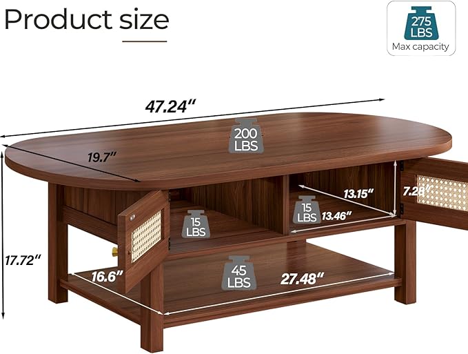 LVB Rattan Coffee Table, Boho Wood Living Room Table