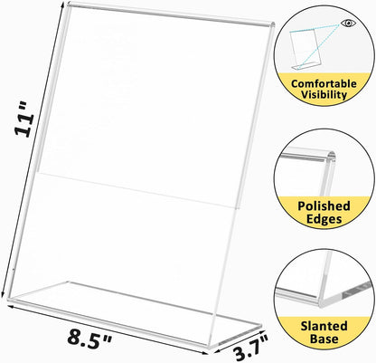 12 Pack Acrylic Sign Holder, Clear 8.5 x 11 Inch Slant Back Vertical Sign Holder, Tabletop Plastic Paper Picture Frame Flyer Document Holder Display Stand for Home, Office, Restaurants, and Stores