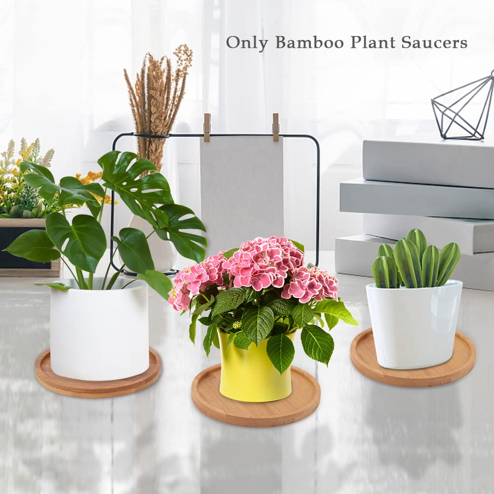 Qirvaten 4 Pack Bamboo Plant Pot Saucers, 4.7 Inch Round Bamboo Coaster Plant Drainage Tray Cork Wood Drip Pads Plates for Owl Pots Succulent Pots, Flower Pot