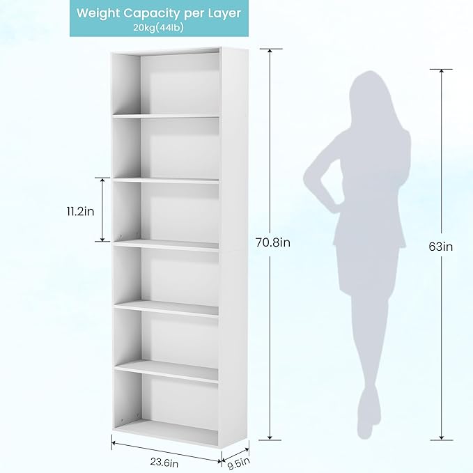 GRUSIGN 71" Tall 6-Tier Bookshelf, Large Open Display Bookcase