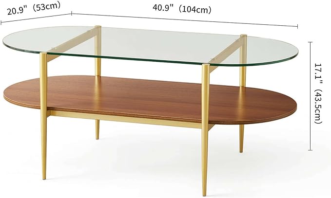 LumFurn Oval Glass Coffee Table, Mid-Century Modern Design, L41 x W21 x H17 inch