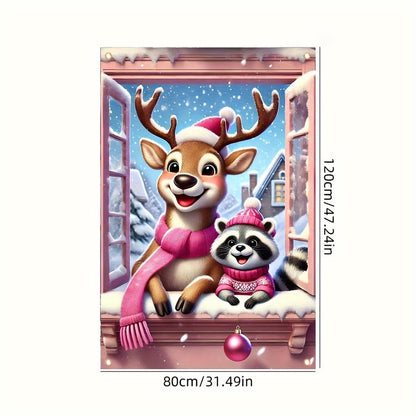 Tomhong Christmas Reindeer and Raccoon Window Banner 31x47 Inch Snowy Scene Holiday Decoration for Indoor Outdoor Home Wall or Window Display Cozy Christmas Decor