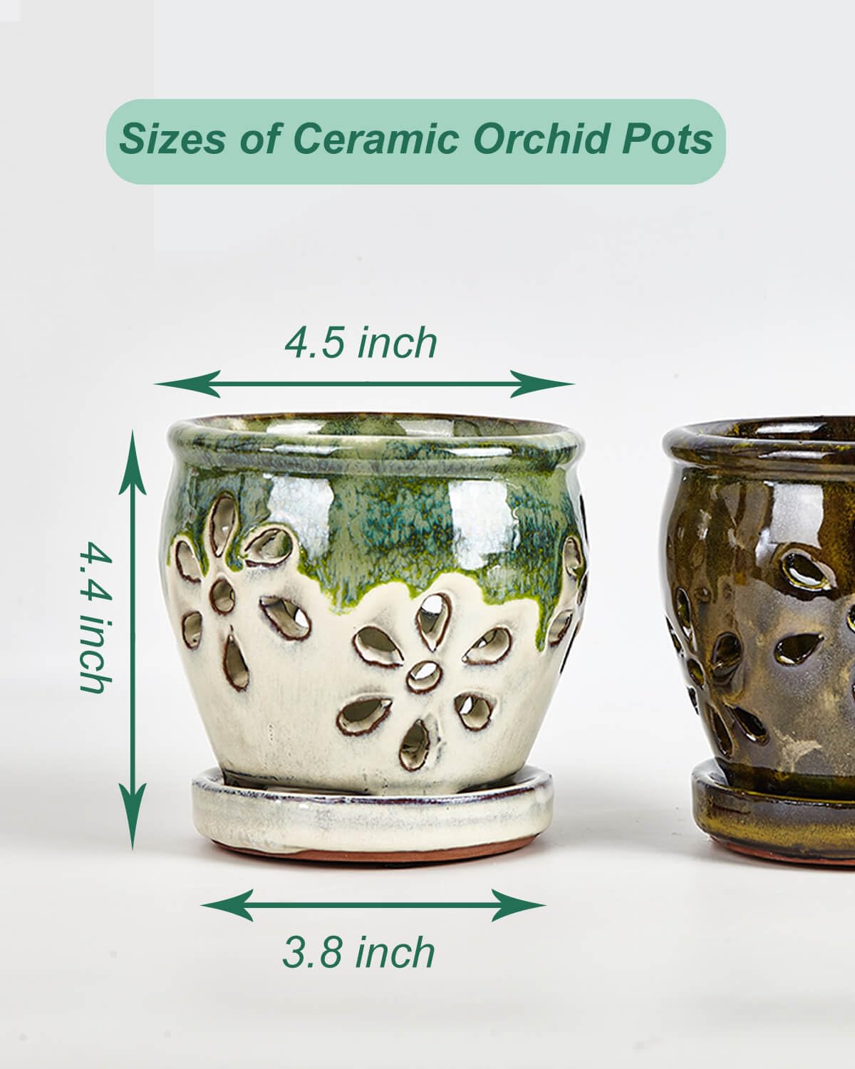 vensovo 4 Inch Ceramic Orchid Pots with Drainage Holes and Saucers, 2 Pcs Small Planters for Orchids Succulents, Indoor Outdoor Ceramic Flower Pots for Healthy Root Growth (Olive Green, Green Mixed)