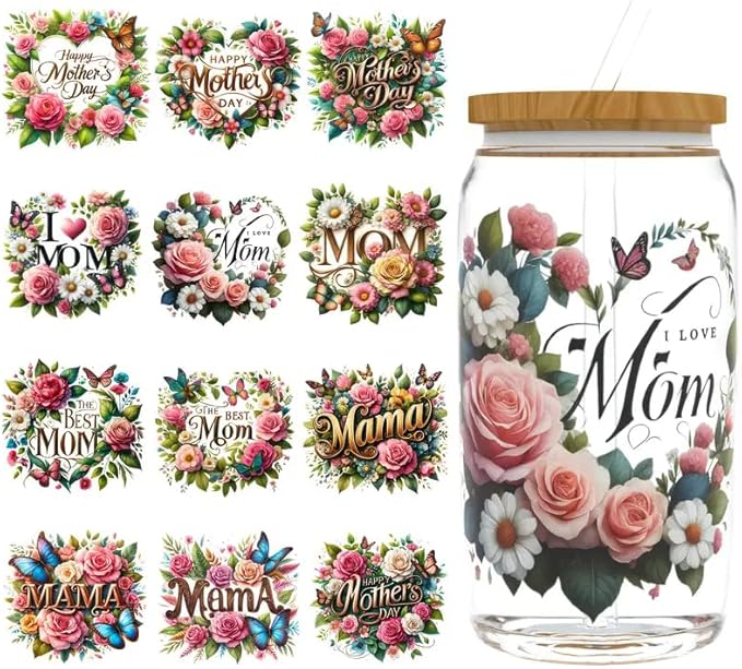 4pcs Mother's Day Series Design UV DTF Cup Wraps Winter UV DTF Transfer Sticker