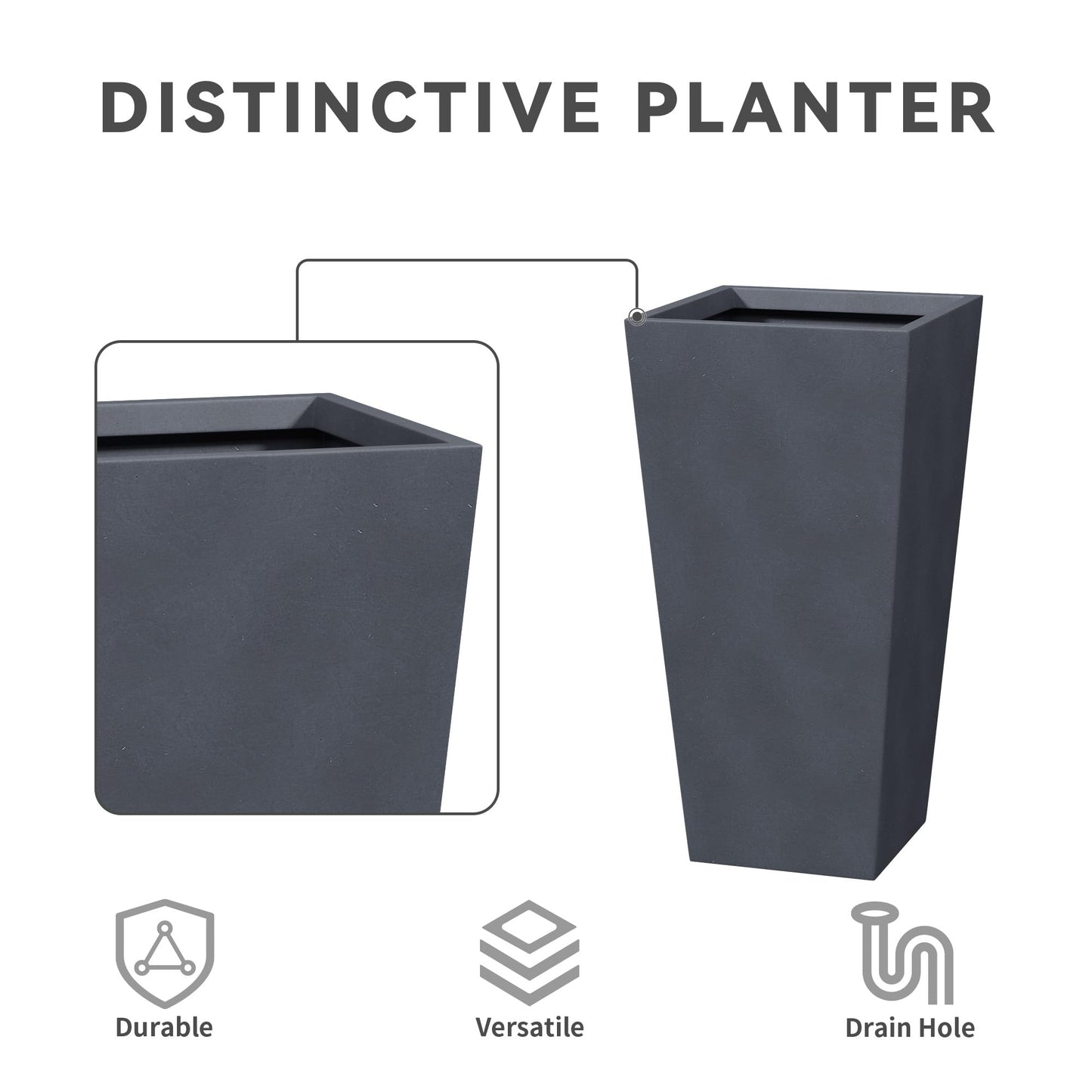 Kante 28 Inch Tall Tapered Concrete Planter, Modern Style Large Plant Pot with Drainage Hole and Rubber Plug for Patio, Backyard, Porch, Suitable for Indoor Outdoor Plants, Charcoal