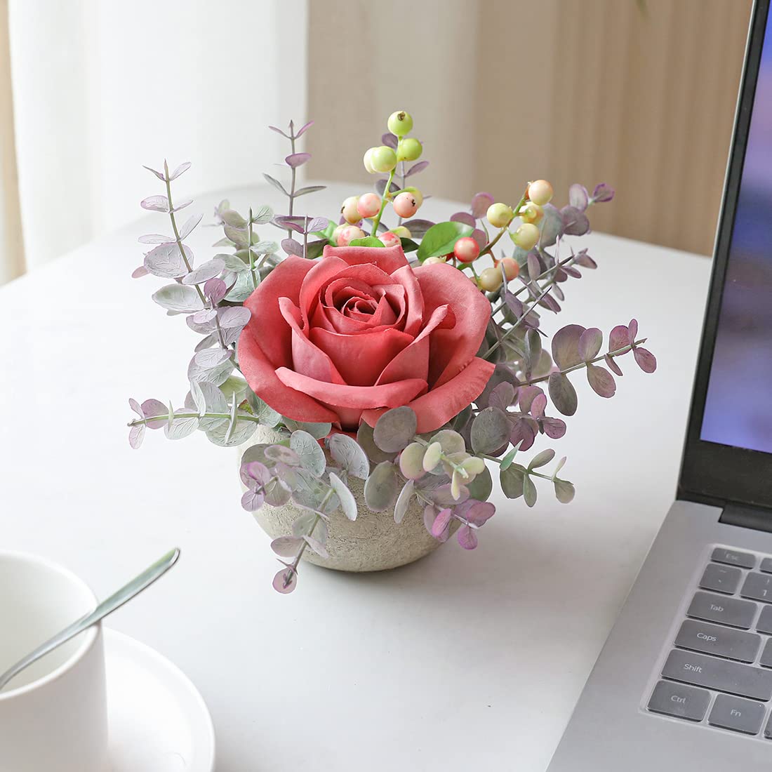 Rosscer Artificial Flowers Kit with Pot, Combination of Fake Silk Pink Roses and Greenery,Small Plant Potted Decor for Offices,Bookshelf,Bedroom, Living Room,Party,Wedding Decorations
