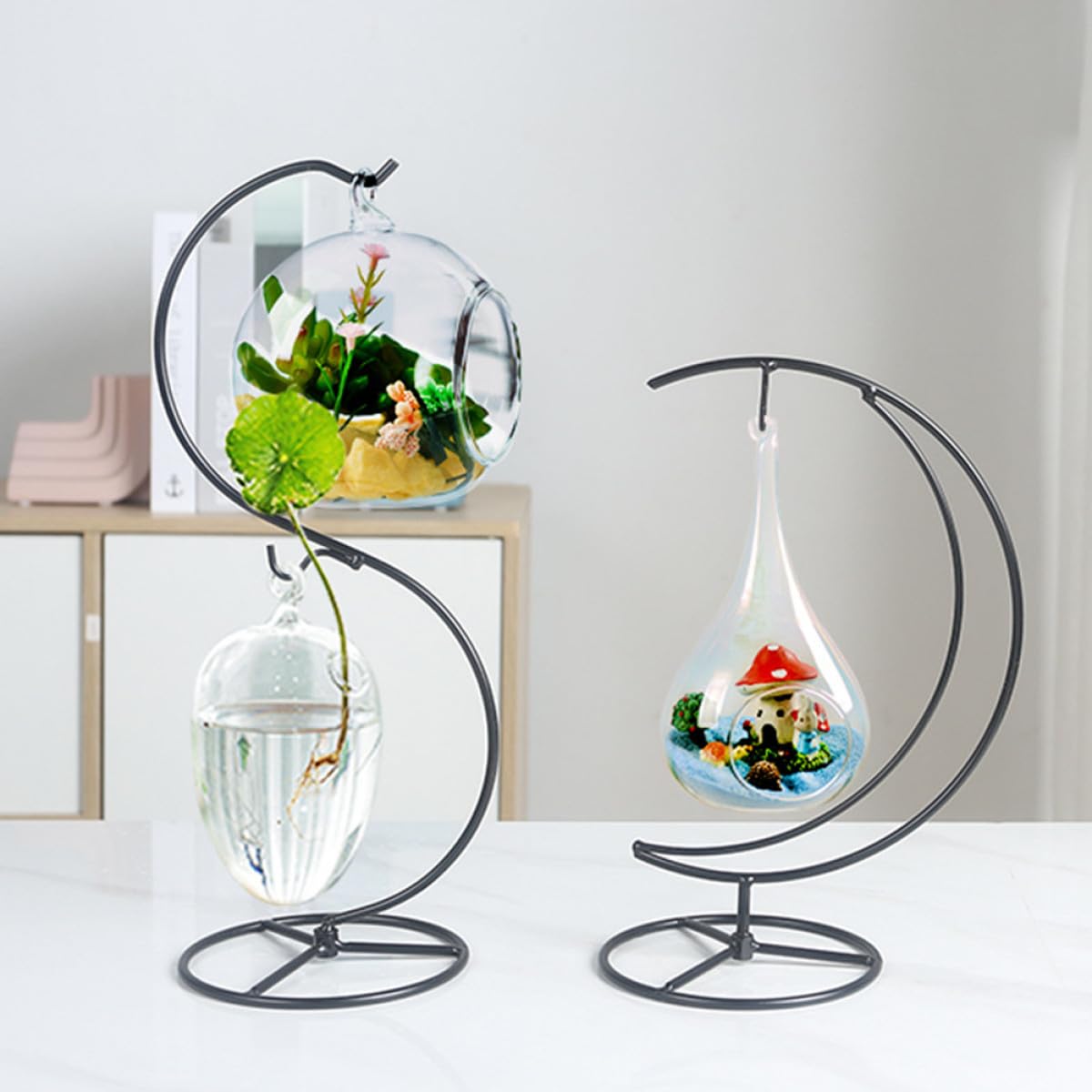TOBBOMEY Iron Half Moon Plant Stand and Ornament Display Holder, Hanging Terrarium Stand for Home Office Décor, Decorative Pendulum Rack for Glass Pots and Holiday Ornaments
