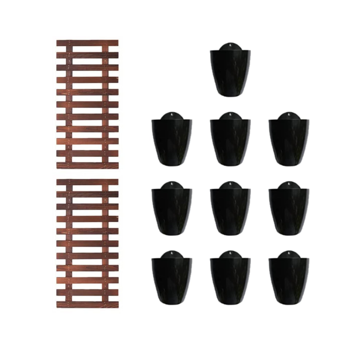 LalaGreen Bundle - 4" Pot + 2 Wooden Plant Holder, Black Self Watering Pot, Wall Hanging Planters for Indoor Plants Ladder, Wall Hanging Pots, Outdoor Vertical Garden Unique Live Orchid Planter Holder