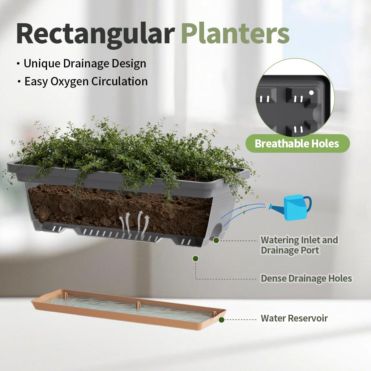 LESOASIS Window Box Planter, 6 Pack Plastic Vegetable Flower Window Planters Boxes 16 Inches Rectangular Flower Pots with Drainage Holes and Saucers (Grey)