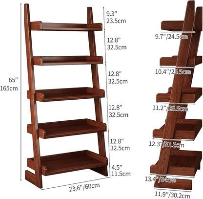5 Tier Ladder Shelf, Leaning Bookshelf with Wood Frame, 5 Shelf Tall Bookcase Standing Storage Organizer Solid Wood Storage Shelves for Living Room, Bedroom, Home Office (Walnut)