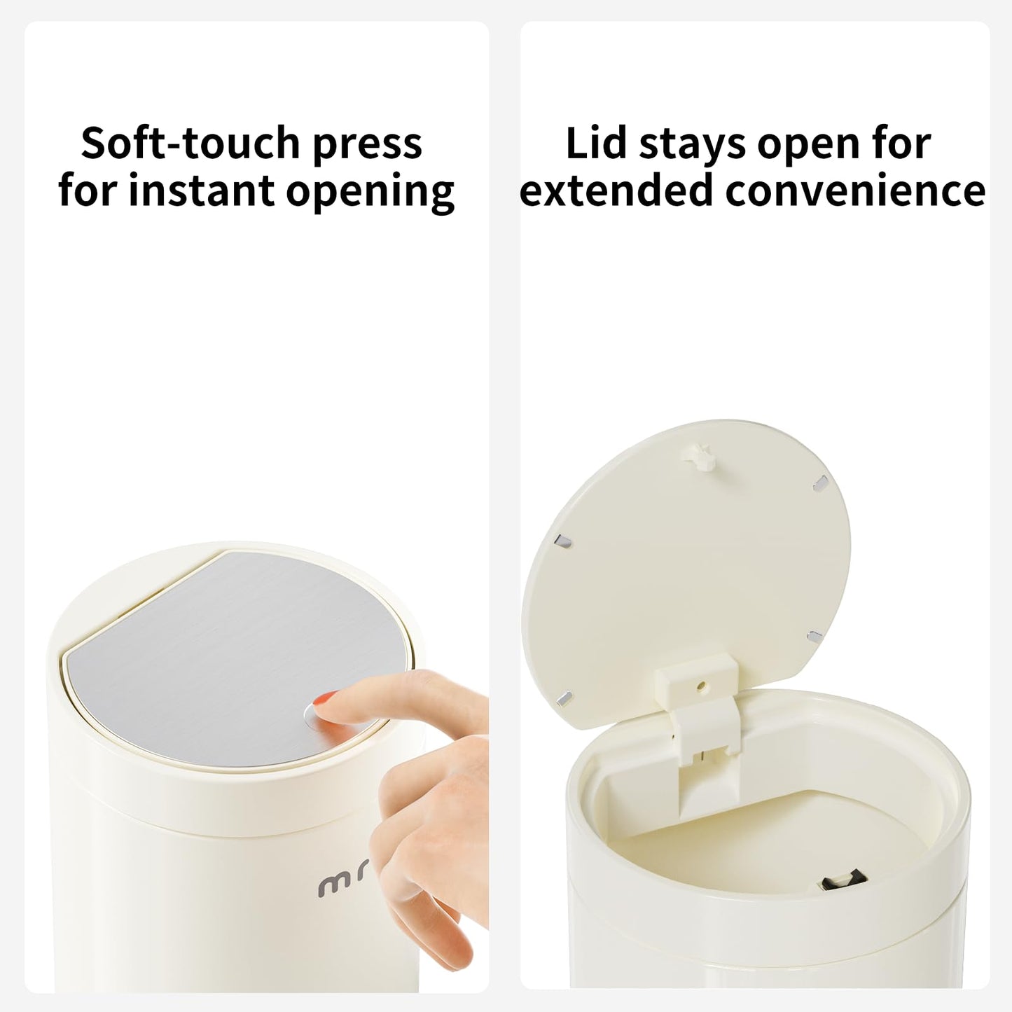 MRBIN Mini Desktop Trash Can with Press Lid, 1.5L/0.4Gal Cylindrical Stainless Steel Tabletop Garbage Bin, Cream White, Anti-Fingerprint, Small Waste Basket for Desk, Vanity, Office, Bedroom