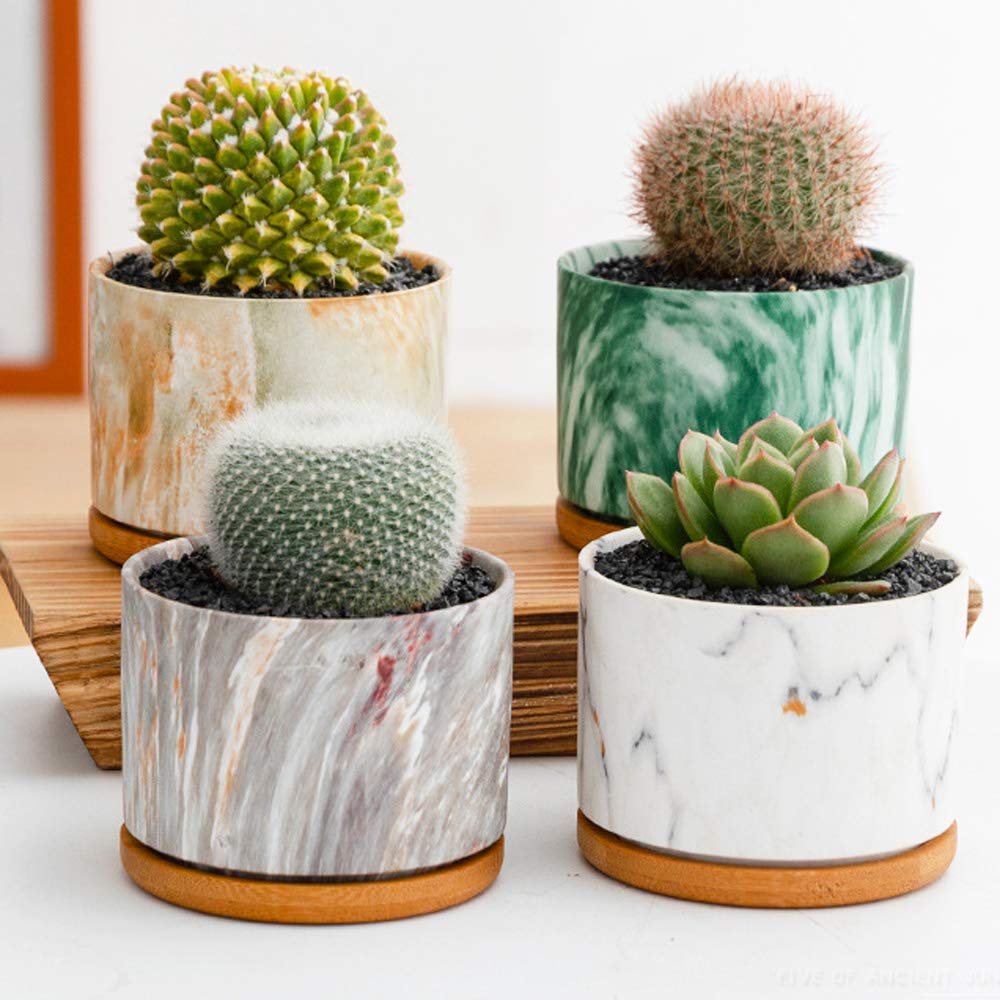 ROSE CREATE 4 pcs 4 Inches Ceramic Marbleizing Style, Big Planters with Bamboo Trays (Colorful)