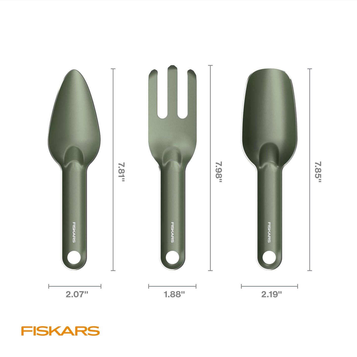 Fiskars 3-Piece Plant Cultivating Tool Set, Nesting Trowel, Soil Scoop & Cultivator for Indoor Gardening, Stainless Steel with Green Powder Coat Finish, Space Saving Design for Repotting Houseplants