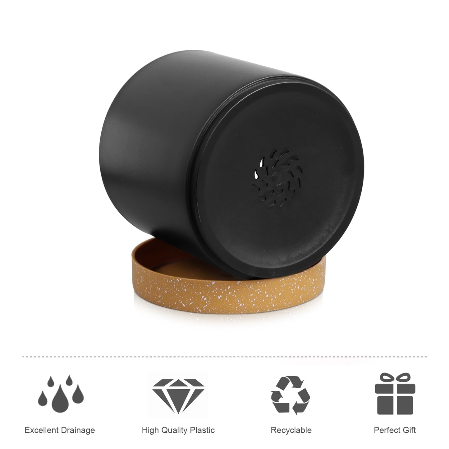 WSMKSZ 3 Pack 6/5/4 inch Cylindrical Flower Pots, Modern Small Round Plastic Plant Pots with Drainage Holes & Saucers, Clean and Refined Planter Pots for Outdoor, Indoor & Office Decor (Black Brown)